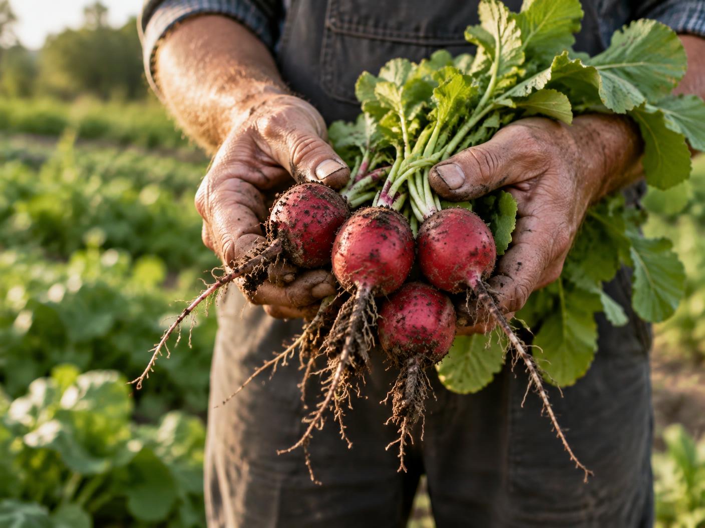 Freshly pulled radishes held in a farmer's hands with soil still on the roots