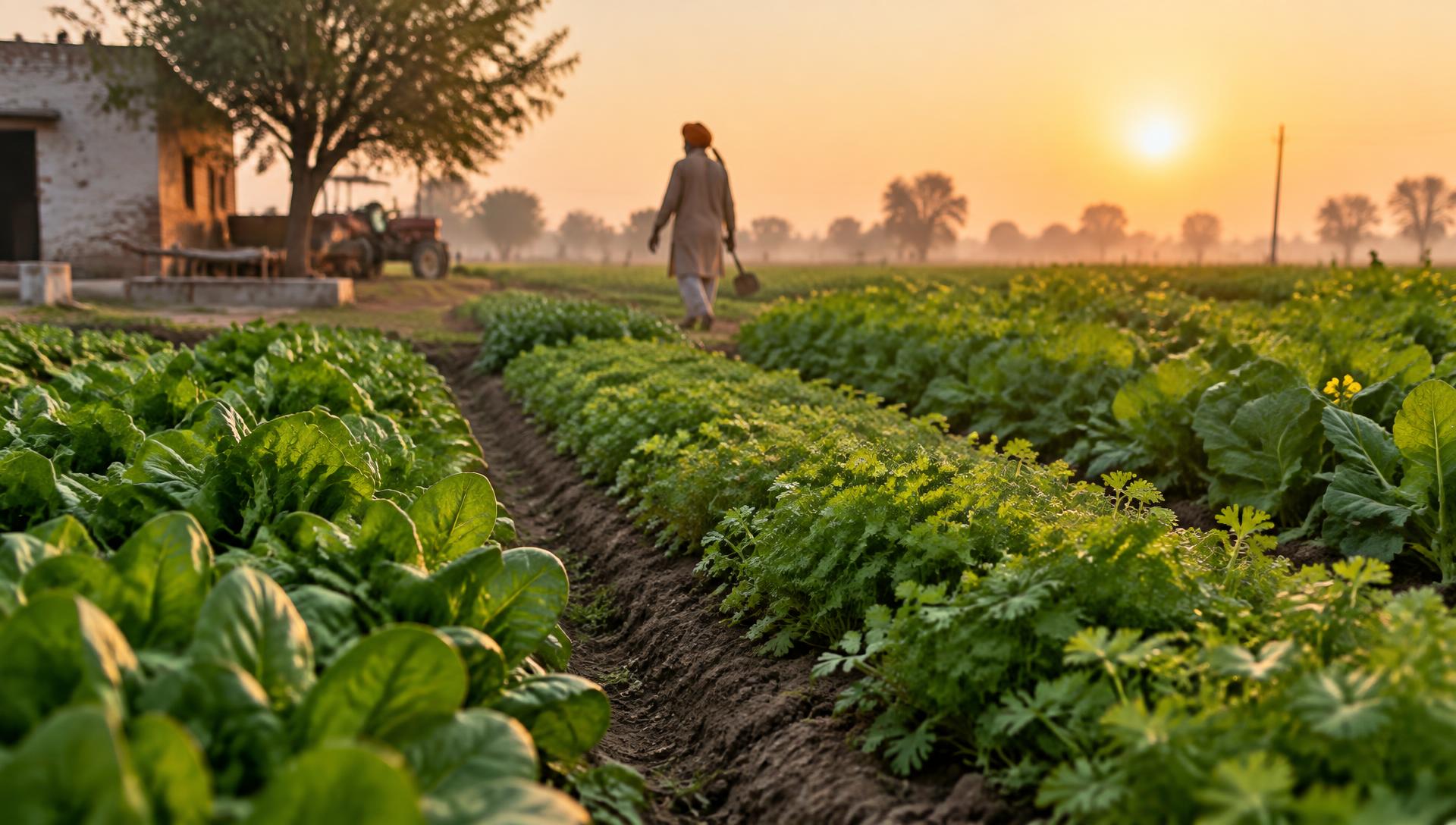Rows of spinach and coriander growing on the Malkit Organics farm at sunrise