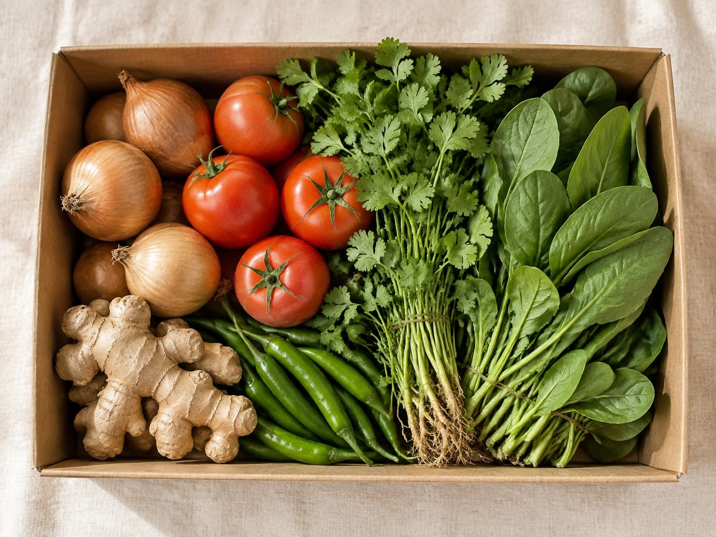 A farm box with cauliflower, greens, gourds and herbs for Punjabi family cooking